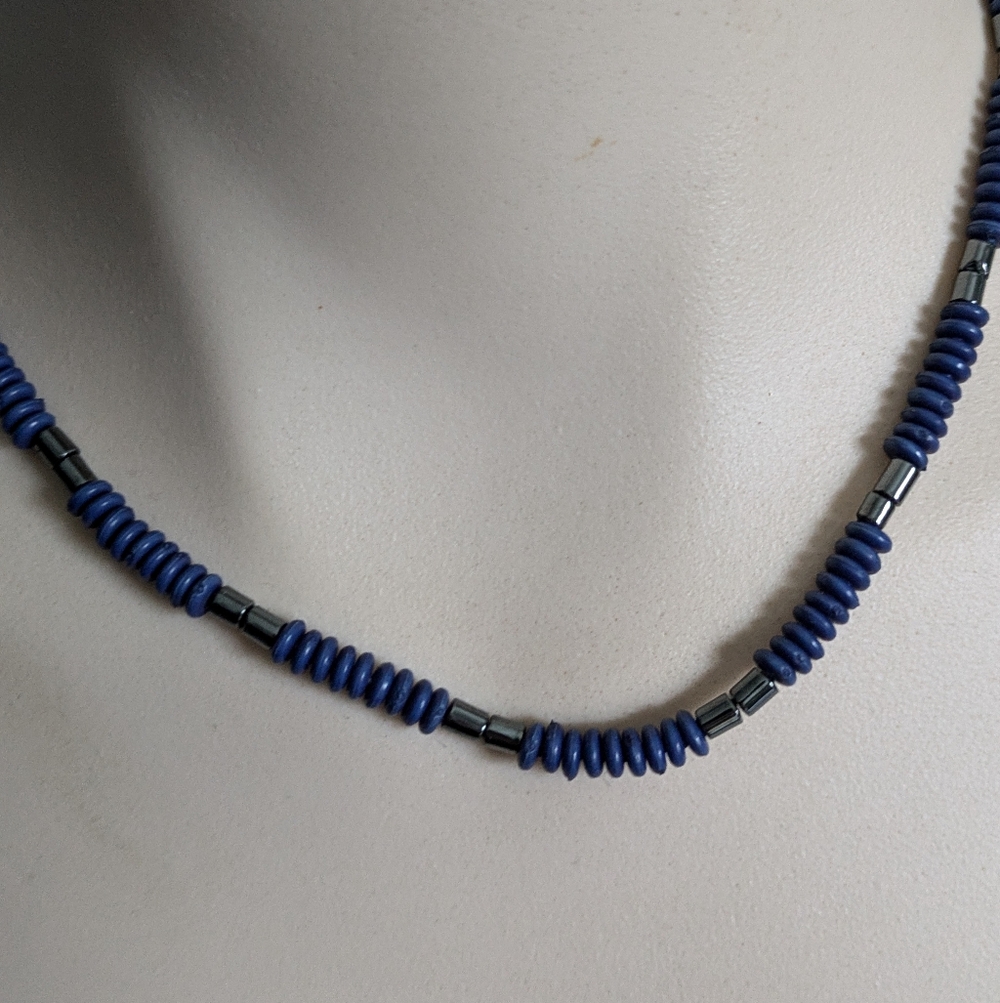 Vintage Blue & Black Beaded Necklace Men Women Unisex Boho Gypsy Coastal Cadual - Picture 7 of 9